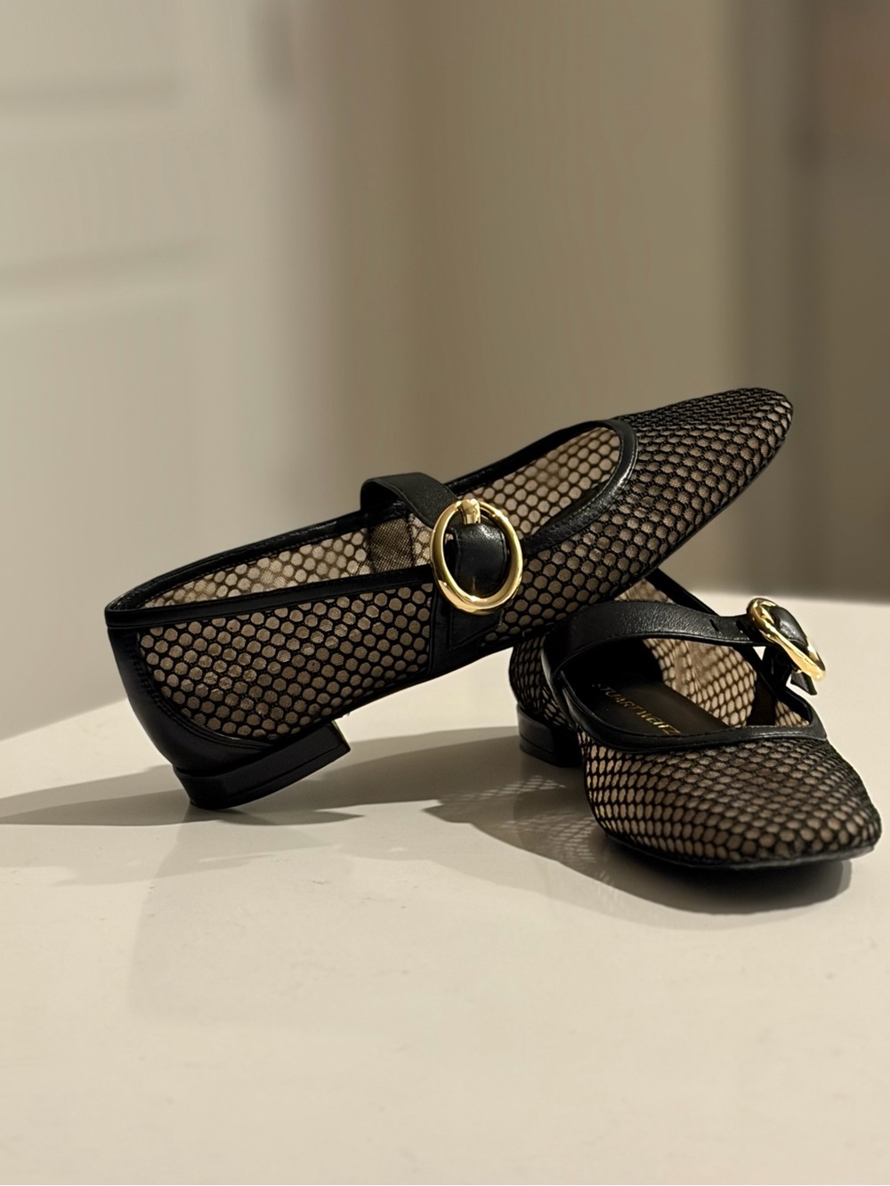 Stuart Weitzman Black Arabella Mesh Mary Jane Flats with Gold Buckle Size 6B